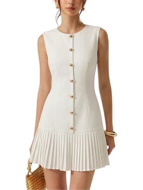 Commense Ivory Off White Pleated Mini Dress Gold Button Detail XS NWT